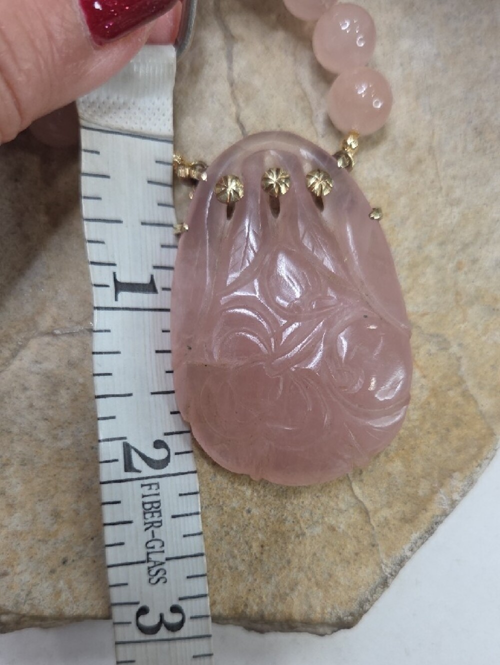 14K Solid Gold With Pink Jadeite Clasp Pendant Pre Antique Jadeite Long Necklace - Picture 12 of 16